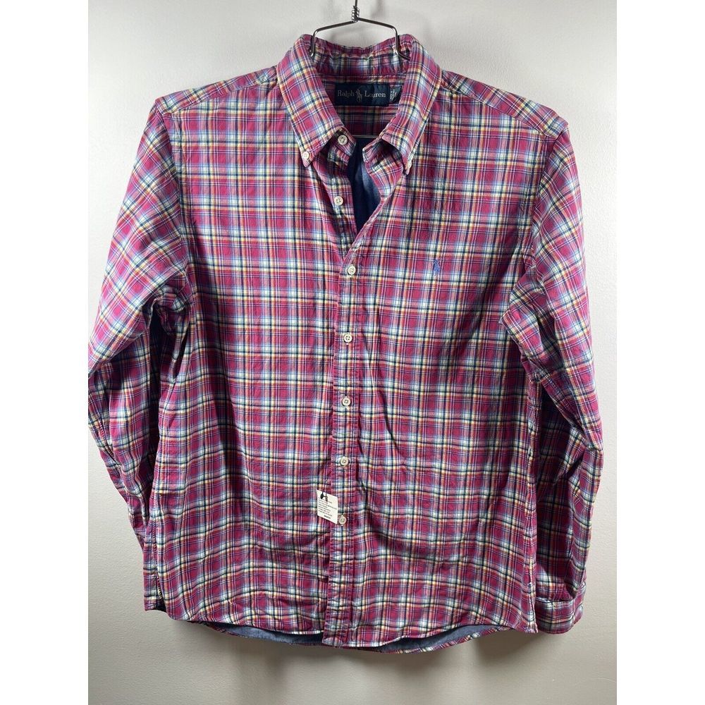 Ralph Lauren Men’s Pink Plaid Shirt Lined With Blue Pinpoint Size Large Buttonup